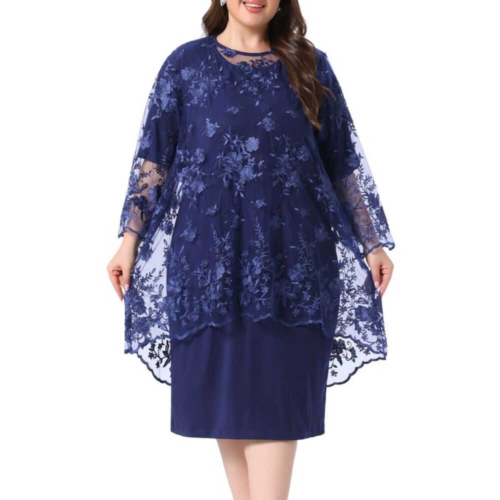 Women Plus Size Lace 2 Piece Cocktail Dresses Dark Blue